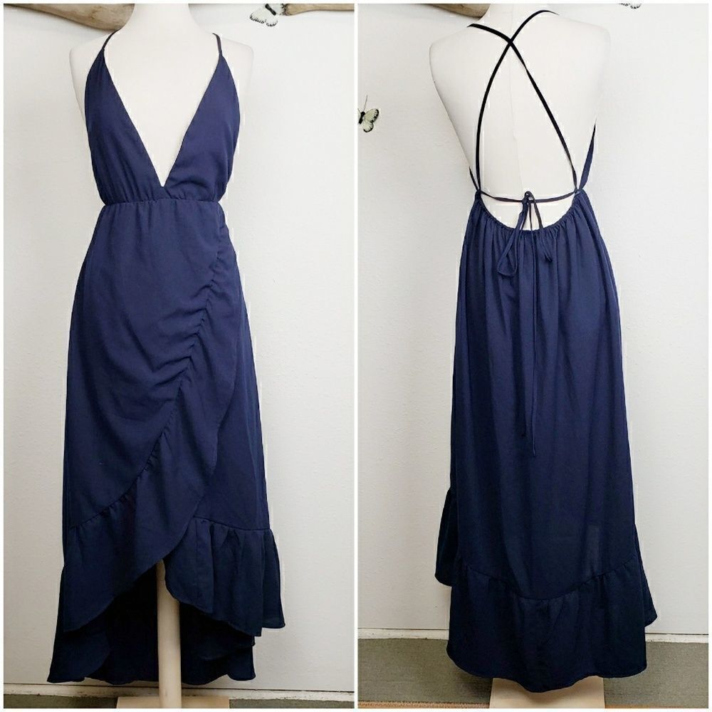Day and night navy ruffled hi low halter dress